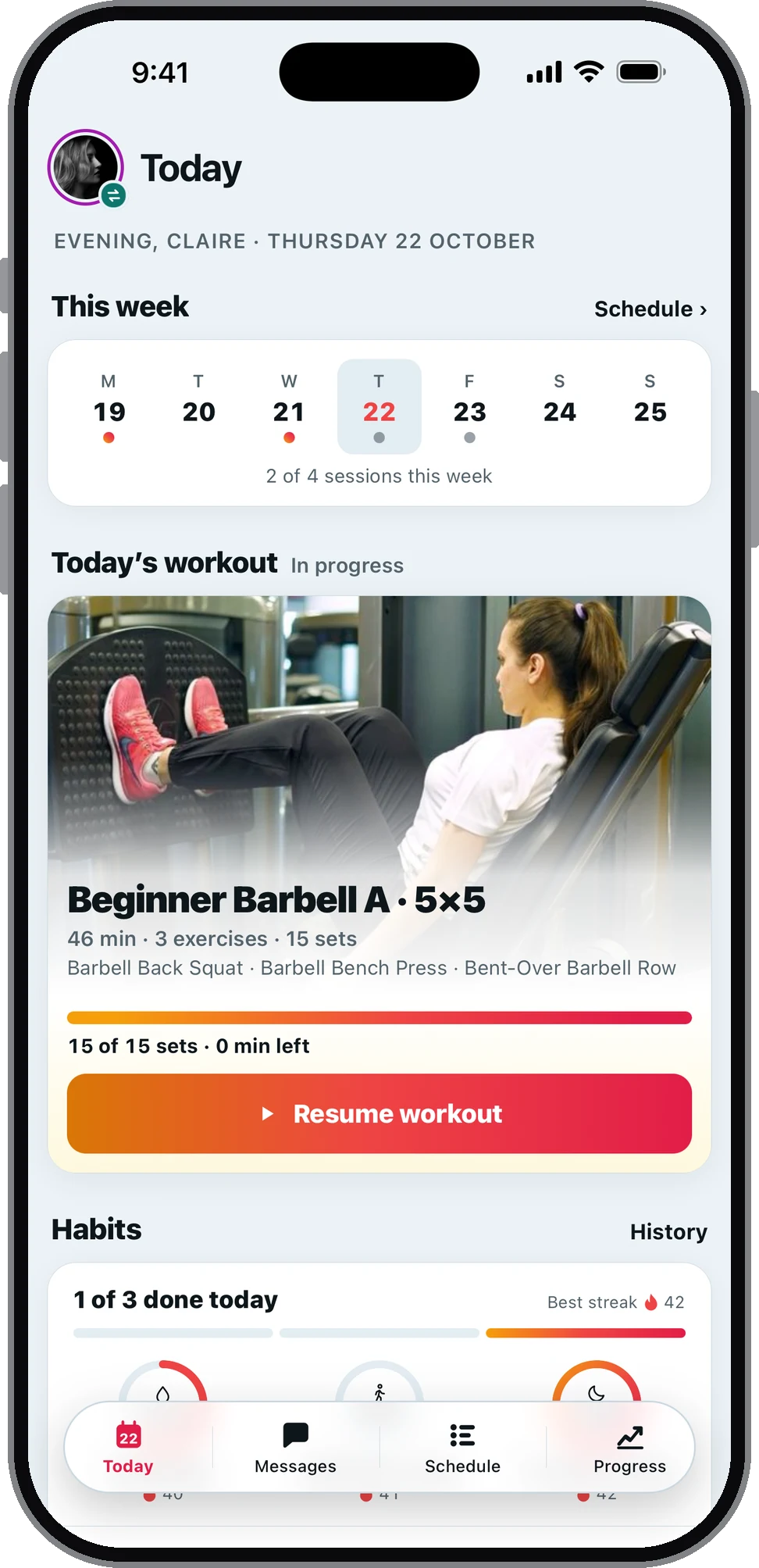 The Trainzo app on an iPhone, showing a client’s week, today’s workout and habits