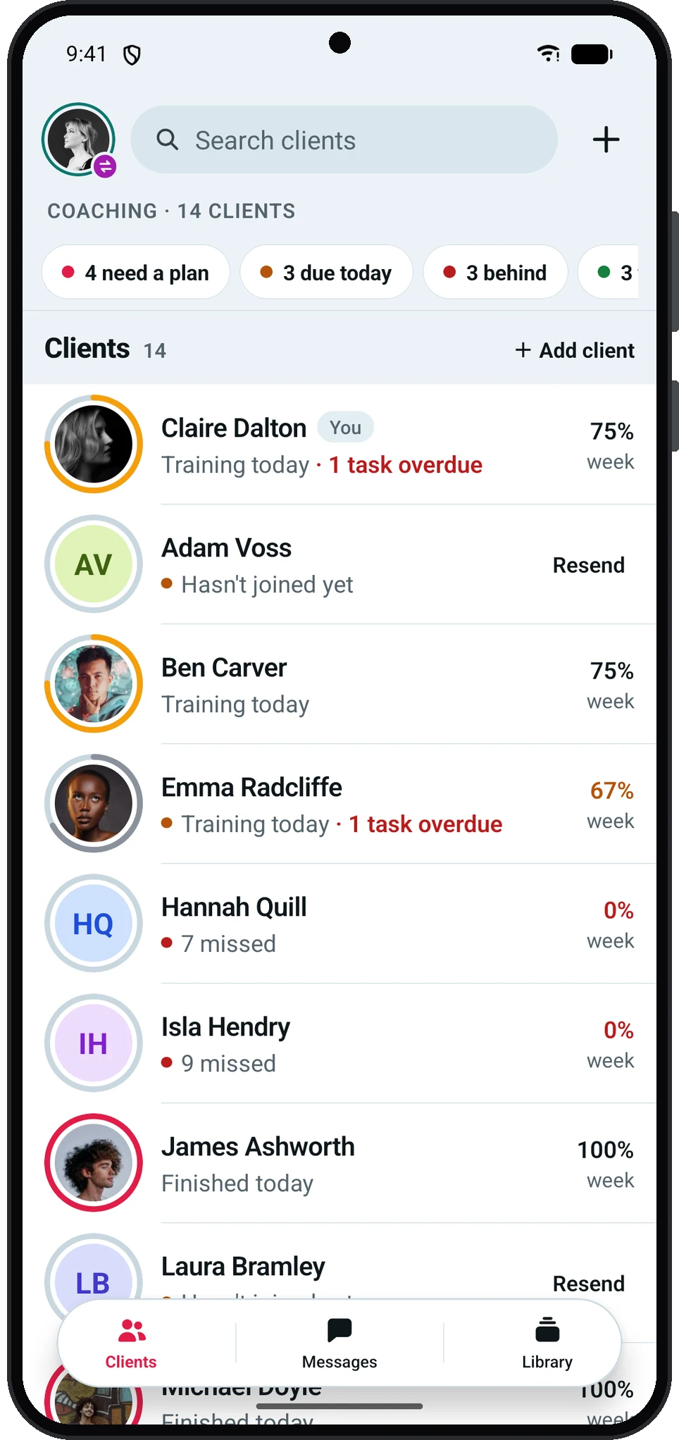 The Trainzo app on an Android phone, showing a coach’s client roster