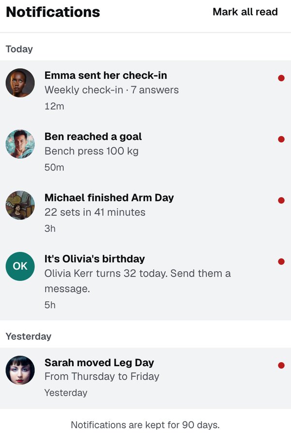 The notifications panel, opened from the bell: a check-in sent, a goal reached, a workout finished, a birthday
