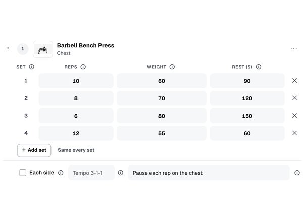 A bench press with four sets, each with its own reps, weight and rest